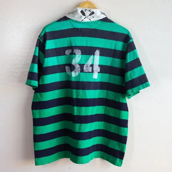 Vintage Polo Ralph Lauren RL Guide Striped Rugby Shirt Green Navy XXL Custom Fit - Picture 3 of 13